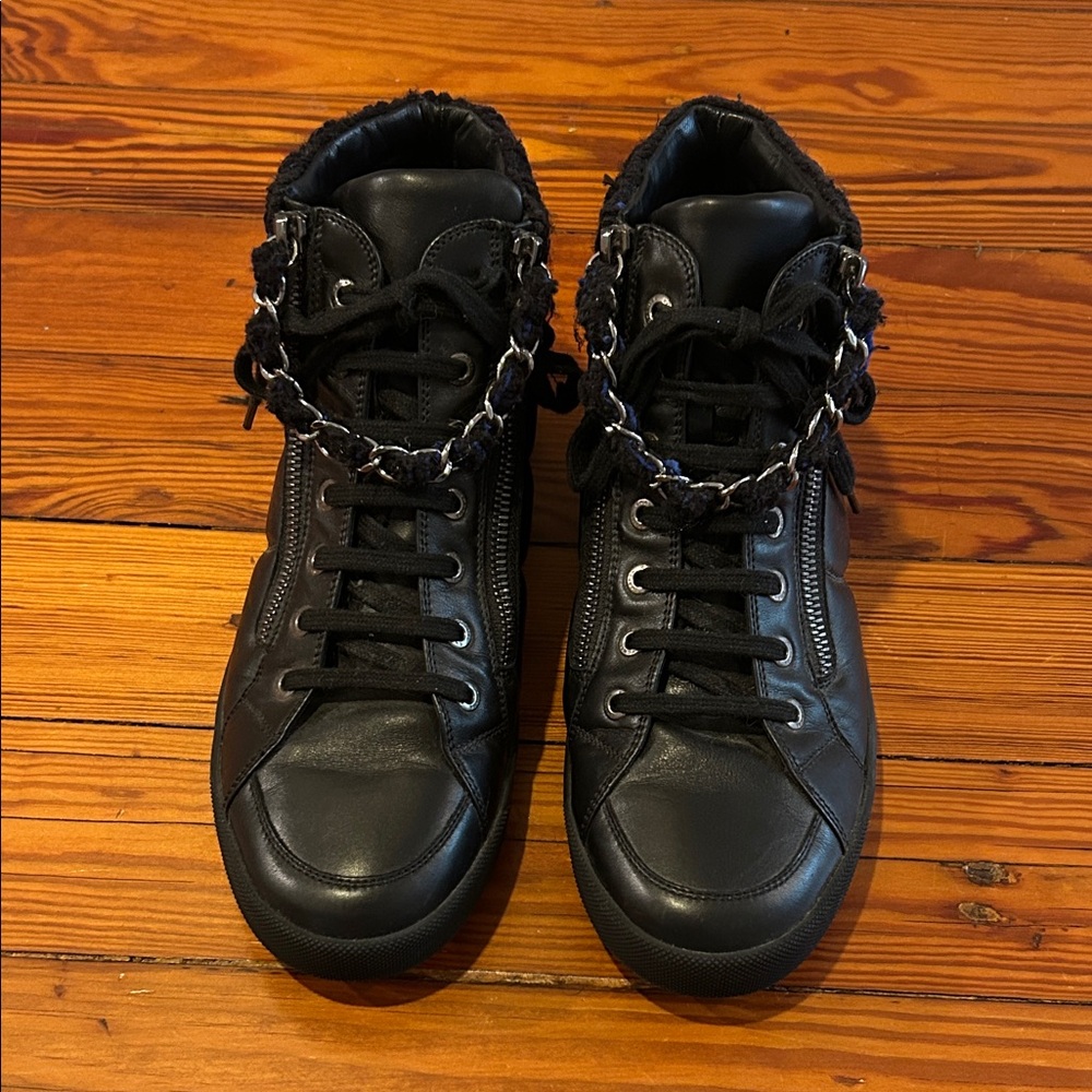 Chanel Leather and Tweed High Top Sneakers - Picture 1 of 16